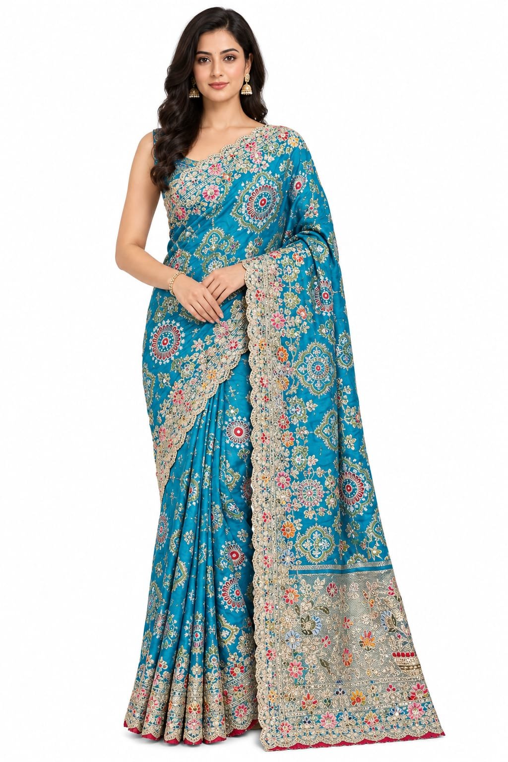 Women’s Banarasi Silk Saree in Cream with Pink Zari Border – Elegant Traditional Saree with Blouse Piece